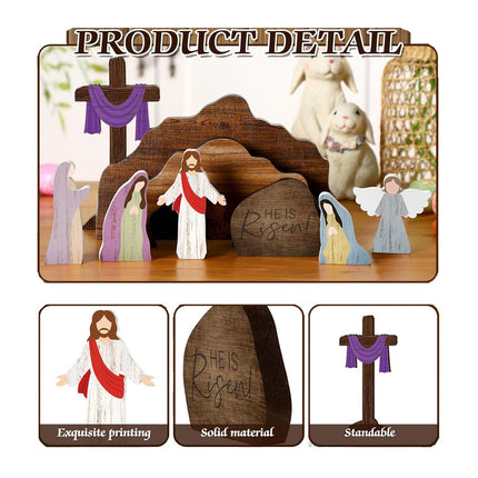 Easter Resurrection Scene Set Mini Wooden Figurine Ornament – Detailed Cross & Empty Tomb Creative Tabletop Decoration.