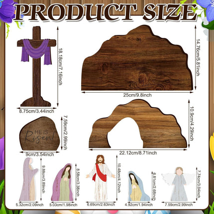 Easter Resurrection Scene Set Mini Wooden Figurine Ornament – Detailed Cross & Empty Tomb Creative Tabletop Decoration.