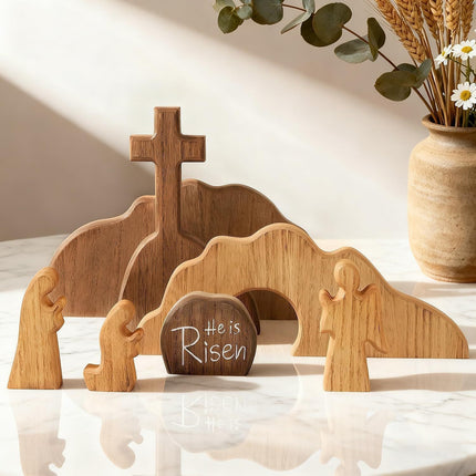 Easter Resurrection Scene Set Mini Wooden Figurine Ornament – Symbolic Cross & Open Tomb Creative Tabletop Decoration.