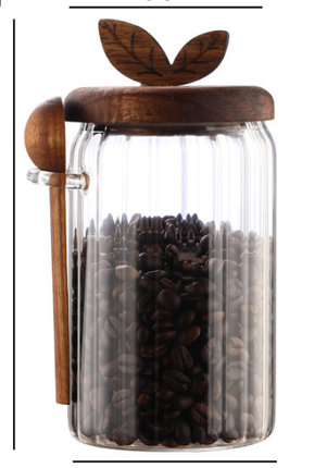 800ml Premium Borosilicate Glass Storage Jar with Acacia Wood Lid & Integrated Spoon – Airtight Moisture-Proof Kitchen Canister for Tea, Coffee, and Spices.