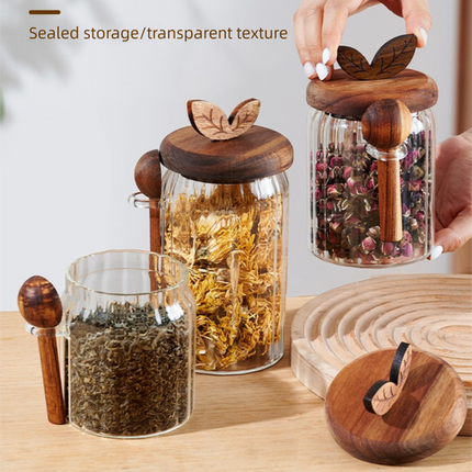 800ml Premium Borosilicate Glass Storage Jar with Acacia Wood Lid & Integrated Spoon – Airtight Moisture-Proof Kitchen Canister for Tea, Coffee, and Spices.