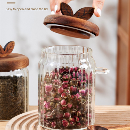800ml Premium Borosilicate Glass Storage Jar with Acacia Wood Lid & Integrated Spoon – Airtight Moisture-Proof Kitchen Canister for Tea, Coffee, and Spices.