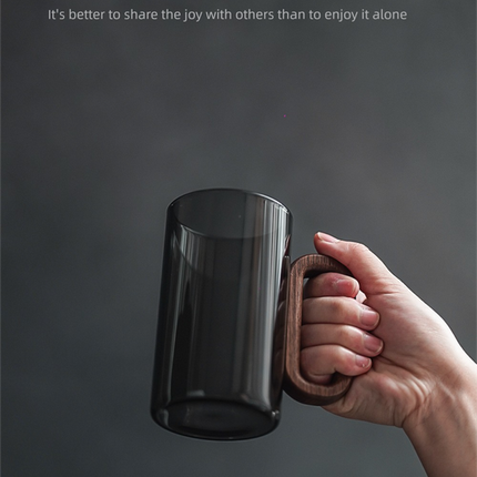 Smoky Grey Glass Tea Cup with Wooden Handle 360ml Heat-Resistant Hand-Blown Coffee Mug Modern Minimalist Drinkware.