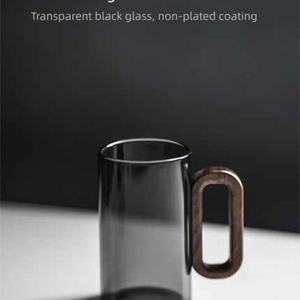 Smoky Grey Glass Tea Cup with Wooden Handle 360ml Heat-Resistant Hand-Blown Coffee Mug Modern Minimalist Drinkware.