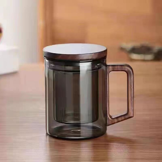 400ml Smoky Grey Borosilicate Glass Tea Mug with Infuser and Wooden Handle Loose Leaf Teacup for Office.