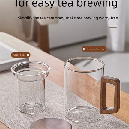 400ml Smoky Grey Borosilicate Glass Tea Mug with Infuser and Wooden Handle Loose Leaf Teacup for Office.