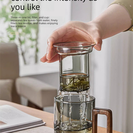 400ml Smoky Grey Borosilicate Glass Tea Mug with Infuser and Wooden Handle Loose Leaf Teacup for Office.