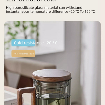 400ml Smoky Grey Borosilicate Glass Tea Mug with Infuser and Wooden Handle Loose Leaf Teacup for Office.