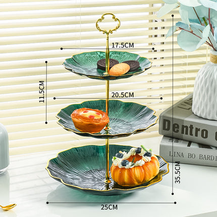 3-Tier Modern Fruit & Snack Stand – Green Reinforced Tiered Platter with Durable Iron Art Support for Home, Reception, and Office.