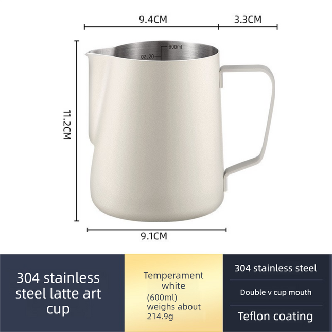 600ml Stainless Steel Milk Frothing Pitcher Pointed Spout Steaming Jug with Measurement Marks for Latte Art Home Baristas White.