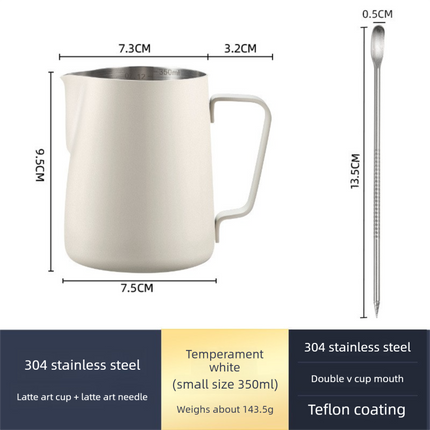 350ml Stainless Steel Milk Frothing Pitcher with Latte Art Pen Pointed Spout Steaming Jug Set for Home Baristas White.