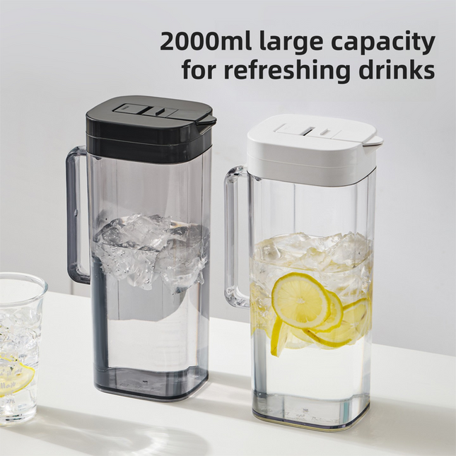 Black 2000ML Leak-Proof Flip-Top Cool Water Pitcher for Refrige Door - Cold/Heat-Resistant Stylish Iced Tea Fruit Infuser Kettle.