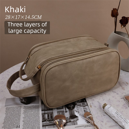 Khaki Premium TPU Leather Dual-Zipper Cosmetic Bag with 3 Dry & Wet Separation Zone - Large Capacity Travel Toiletries Organizer.