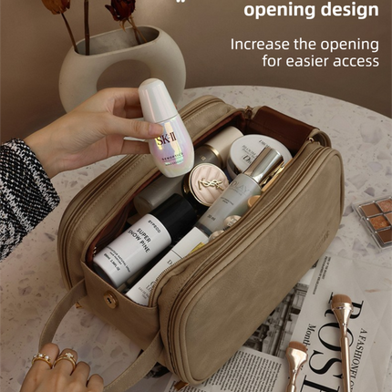 Khaki Premium TPU Leather Dual-Zipper Cosmetic Bag with 3 Dry & Wet Separation Zone - Large Capacity Travel Toiletries Organizer.