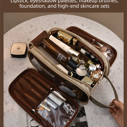 Khaki Premium TPU Leather Dual-Zipper Cosmetic Bag with 3 Dry & Wet Separation Zone - Large Capacity Travel Toiletries Organizer.