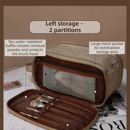 Khaki Premium TPU Leather Dual-Zipper Cosmetic Bag with 3 Dry & Wet Separation Zone - Large Capacity Travel Toiletries Organizer.