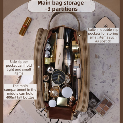 Khaki Premium TPU Leather Dual-Zipper Cosmetic Bag with 3 Dry & Wet Separation Zone - Large Capacity Travel Toiletries Organizer.