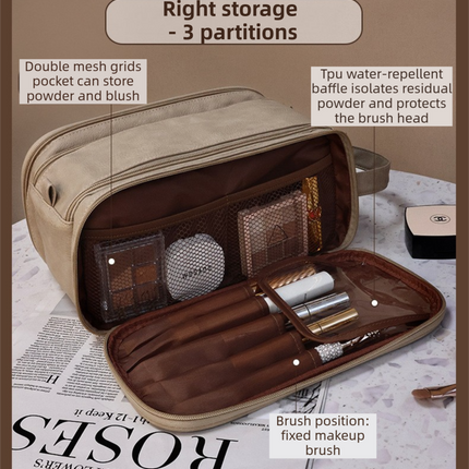 Khaki Premium TPU Leather Dual-Zipper Cosmetic Bag with 3 Dry & Wet Separation Zone - Large Capacity Travel Toiletries Organizer.