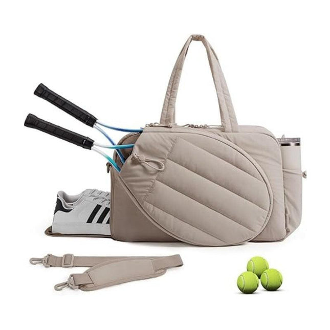 42L Khaki Tennis & Pickleball Expandable Tote Bag wIth Shoe-Zone & Bottle Side Pocket - Waterproof Gym Bag for Racquets & Paddles.