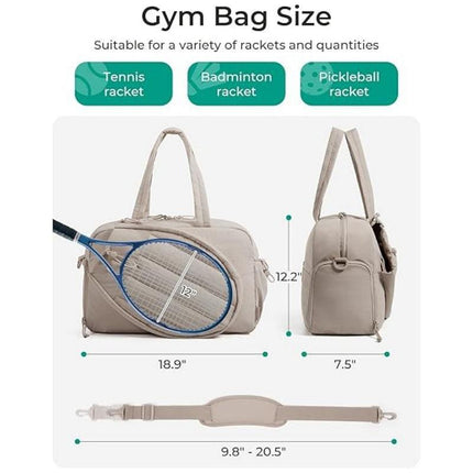 42L Khaki Tennis & Pickleball Expandable Tote Bag wIth Shoe-Zone & Bottle Side Pocket - Waterproof Gym Bag for Racquets & Paddles.