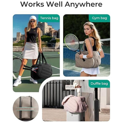 42L Khaki Tennis & Pickleball Expandable Tote Bag wIth Shoe-Zone & Bottle Side Pocket - Waterproof Gym Bag for Racquets & Paddles.