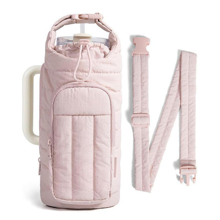 Pink Nylon Quilted Insulated Water Bottle Bag for 18-64oz Flask - Lightweight Sports & Travel Puffer Shockproof Protective Pouch.
