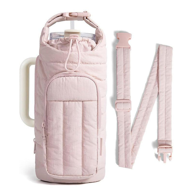 Pink Nylon Quilted Insulated Water Bottle Bag for 18-64oz Flask - Lightweight Sports & Travel Puffer Shockproof Protective Pouch.