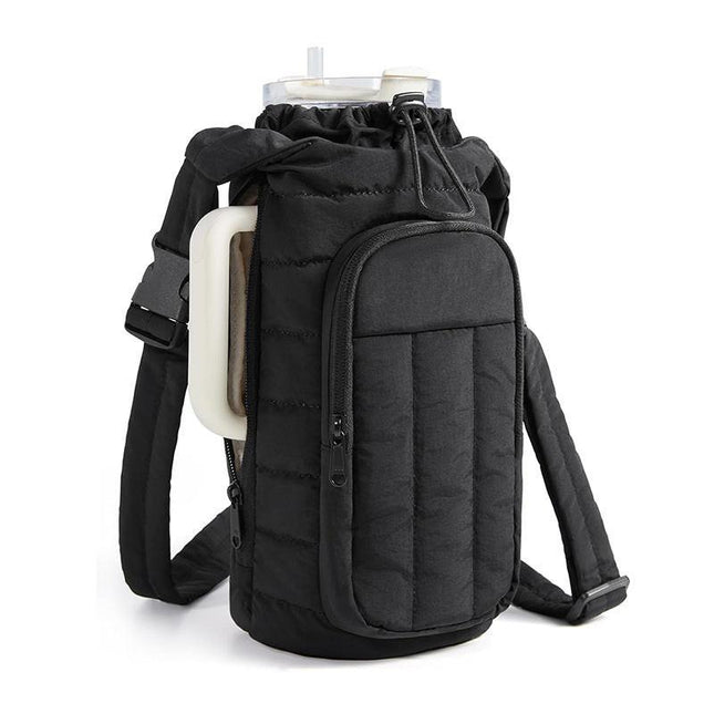 Black Nylon Quilted Insulated Water Bottle Bag for 18-64oz Flask - Lightweight Sports & Travel Puffer Shockproof Protective Pouch.