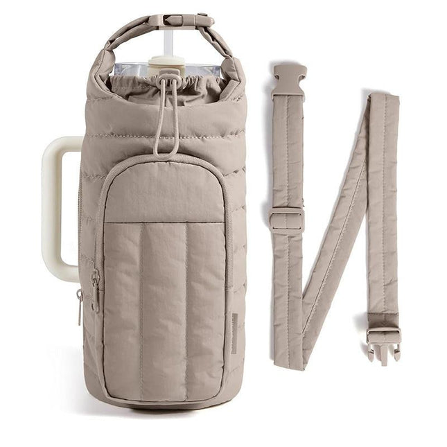 Khaki Nylon Quilted Insulated Water Bottle Bag for 18-64oz Flask - Lightweight Sports & Travel Puffer Shockproof Protective Pouch.