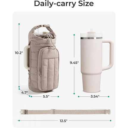 Khaki Nylon Quilted Insulated Water Bottle Bag for 18-64oz Flask - Lightweight Sports & Travel Puffer Shockproof Protective Pouch.