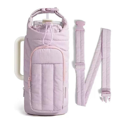 Purple Nylon Quilted Insulated Water Bottle Bag for 18-64oz Flask - Lightweight Sports & Travel Puffer Shockproof Protective Pouch.