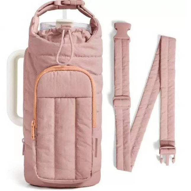 Coral Nylon Quilted Insulated Water Bottle Bag for 18-64oz Flask - Lightweight Sports & Travel Puffer Shockproof Protective Pouch.