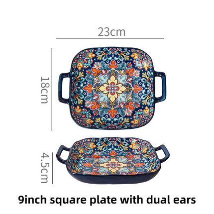 9-Inch Underglaze Ceramic Square Serving Plate with Dual Handles (Baroque) - Microwave and Oven Safe Pasta & Fruit Tray.