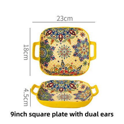 9-Inch Underglaze Ceramic Square Serving Plate with Dual Handles (Mirror Sunlight Style) - Microwave and Oven Safe Pasta & Fruit Tray.