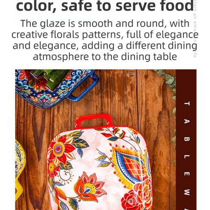 9-Inch Underglaze Ceramic Square Serving Plate with Dual Handles (Mirror Sunlight Style) - Microwave and Oven Safe Pasta & Fruit Tray.