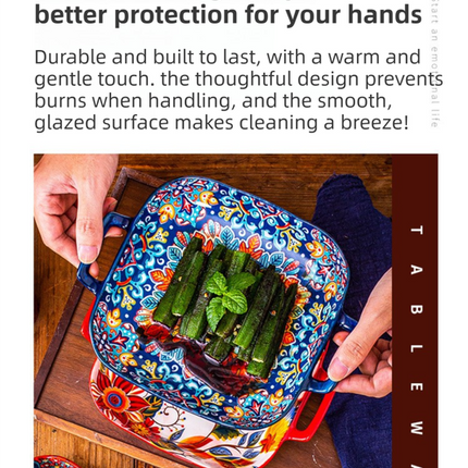 9-Inch Underglaze Ceramic Square Serving Plate with Dual Handles (Mirror Sunlight Style) - Microwave and Oven Safe Pasta & Fruit Tray.