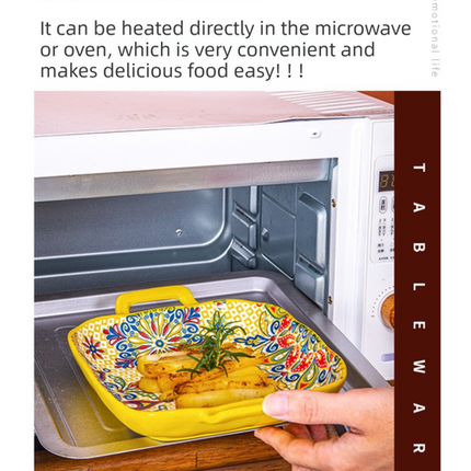 9-Inch Underglaze Ceramic Square Serving Plate with Dual Handles (Mirror Sunlight Style) - Microwave and Oven Safe Pasta & Fruit Tray.
