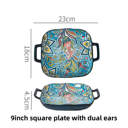 9-Inch Underglaze Ceramic Square Serving Plate with Dual Handles (Glandot Style) - Microwave and Oven Safe Pasta & Fruit Tray.