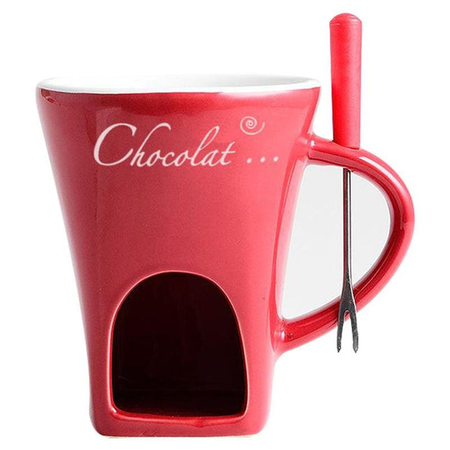 Red European Style Ceramic Chocolate & Cheese Melter Set - 200ml Mini Melting Mug & Fork.