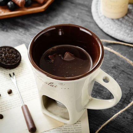 White European Style Ceramic Chocolate & Cheese Melter Set - 200ml Mini Melting Mug & Fork.
