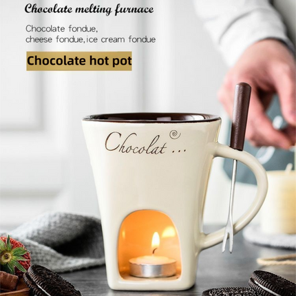 White European Style Ceramic Chocolate & Cheese Melter Set - 200ml Mini Melting Mug & Fork.