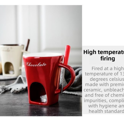 White European Style Ceramic Chocolate & Cheese Melter Set - 200ml Mini Melting Mug & Fork.