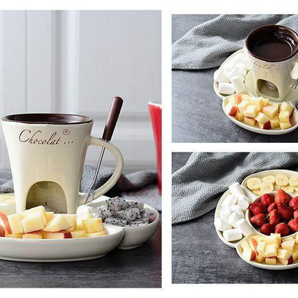 White European Style Ceramic Chocolate & Cheese Melter Set - 200ml Mini Melting Mug & Fork.