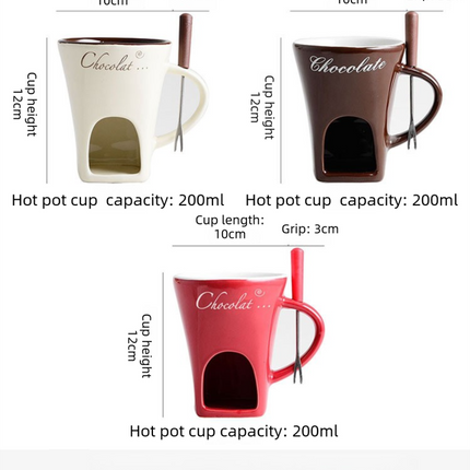 White European Style Ceramic Chocolate & Cheese Melter Set - 200ml Mini Melting Mug & Fork.
