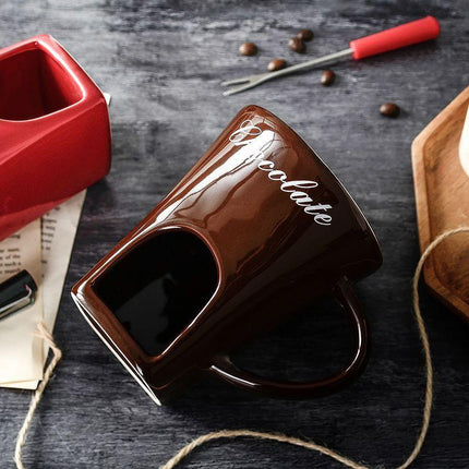 Coffee European Style Ceramic Chocolate & Cheese Melter Set - 200ml Mini Melting Mug & Fork.
