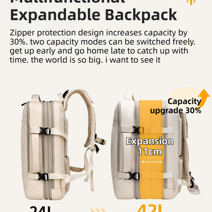 Black Expandable Travel Laptop Backpack with USB Charging Port - Waterproof Nylon Business Bag with 11cm Depth Extension (45x32cm).