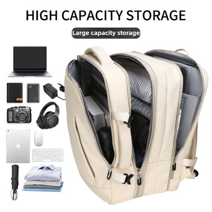Beige Expandable Travel Laptop Backpack with USB Charging Port - Waterproof Nylon Business Bag with 11cm Depth Extension (45x32cm).