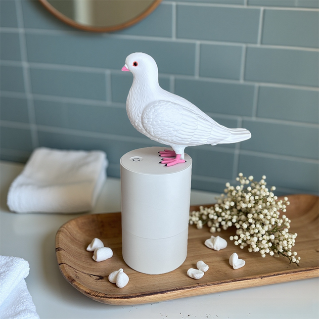 Adorable White Pigeon Smart Motion Sensor Foam Pump - Touchless Hand Washer with Anti-Glare Technology for Outdoor & Bright Light.