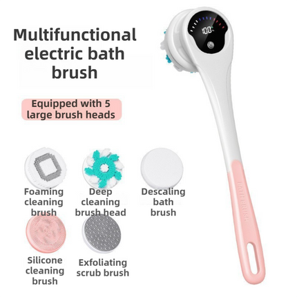 Pink Electric 360°Rotating Shower Brush with Long Handle for Back Scrubbing(43CM) - IPX7 Waterproof & Premium Silicone & PA Bristles.