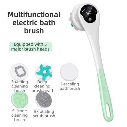 Green Electric 360°Rotating Shower Brush with Long Handle for Back Scrubbing(43CM) - IPX7 Waterproof & Premium Silicone & PA Bristles.